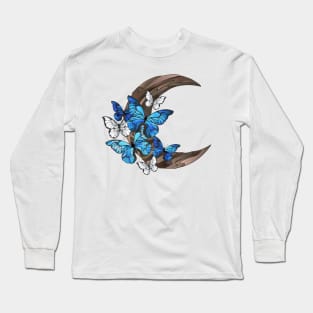 Blue butterflies on wooden crescent Long Sleeve T-Shirt